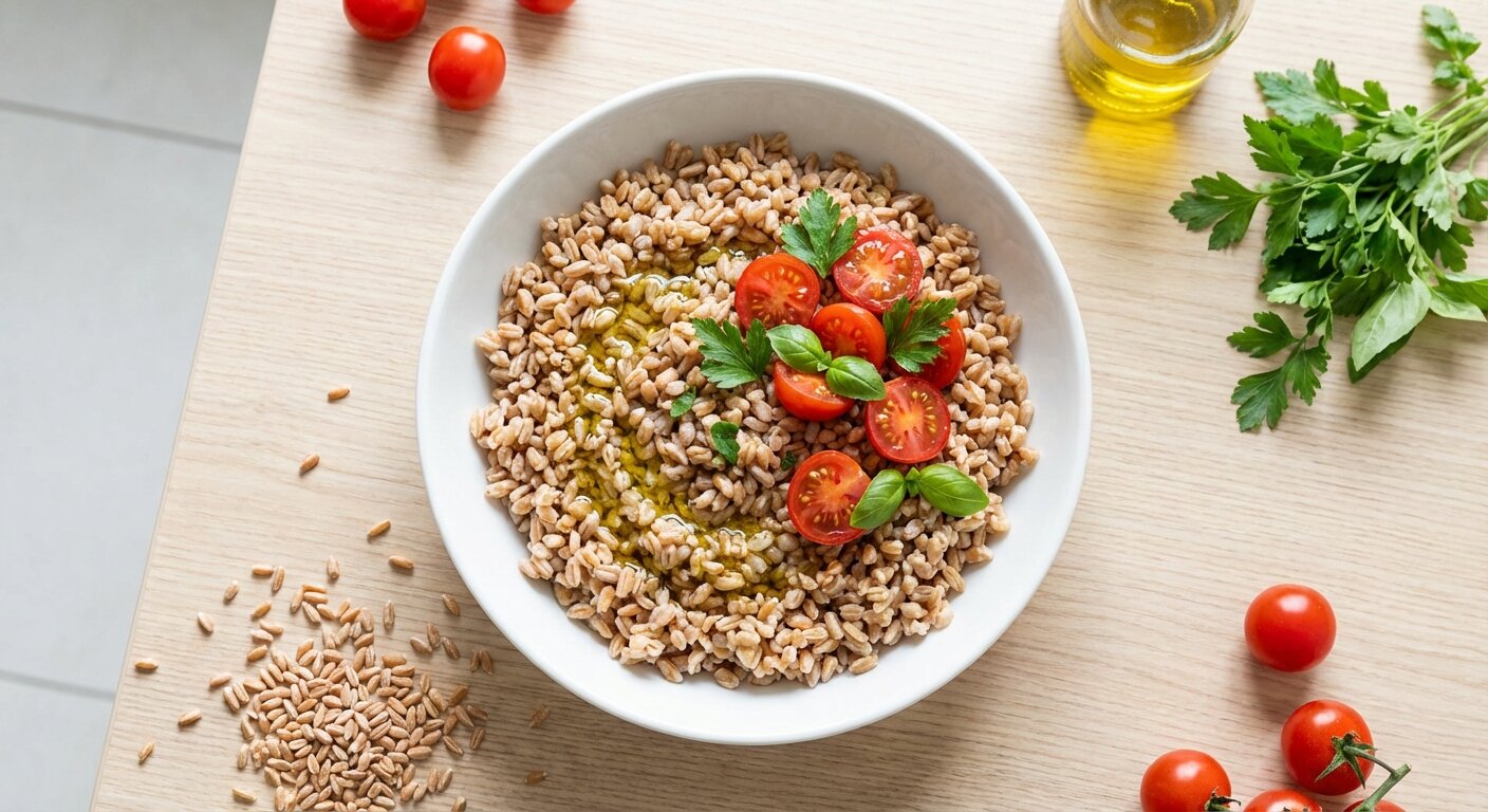 Bowl of cooked farro grains with vegetables on a white background showing the texture and appearance of this ancient grain