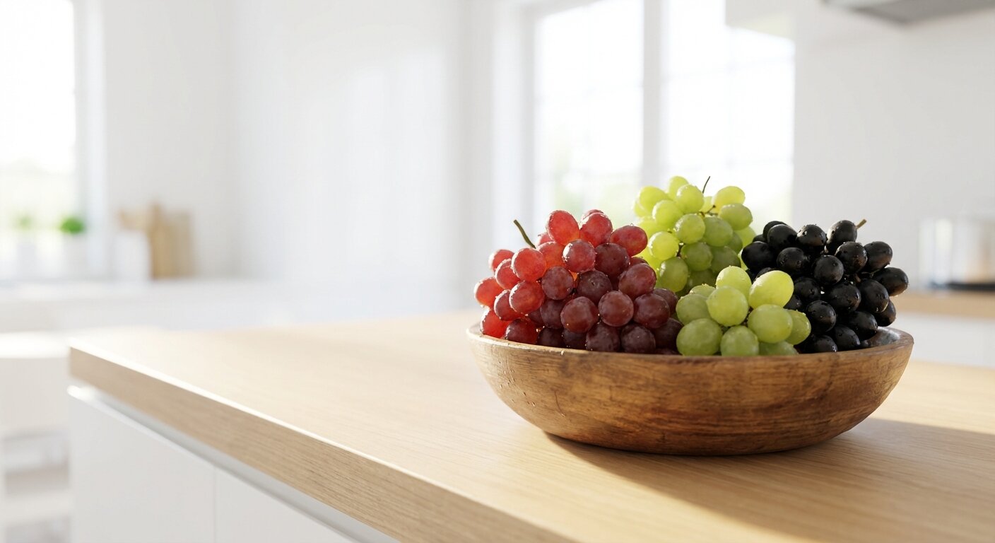 Fresh red, green, and black grapes in a wooden bowl with selective focus showcasing their natural glossy texture