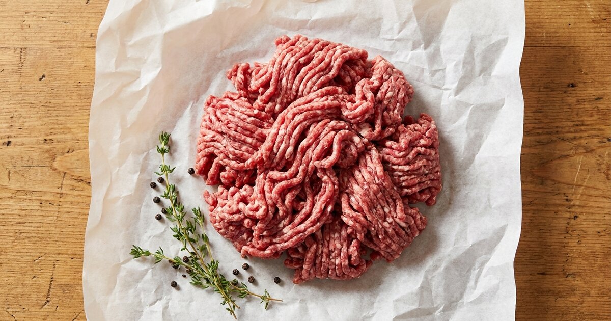 Fresh raw ground beef - 26g protein, 0g carbs, 15g fat per 100g (80/20)