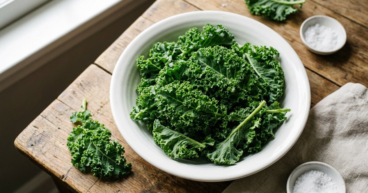 Fresh curly kale leaves in bowl - 7g carbs, 3g protein, 0.5g fat per cup raw