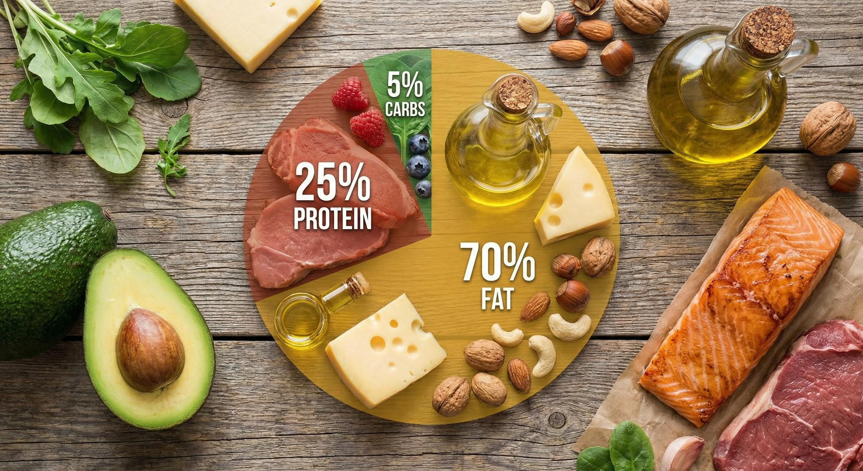 Keto diet macro breakdown showing high-fat, moderate-protein, low-carb foods