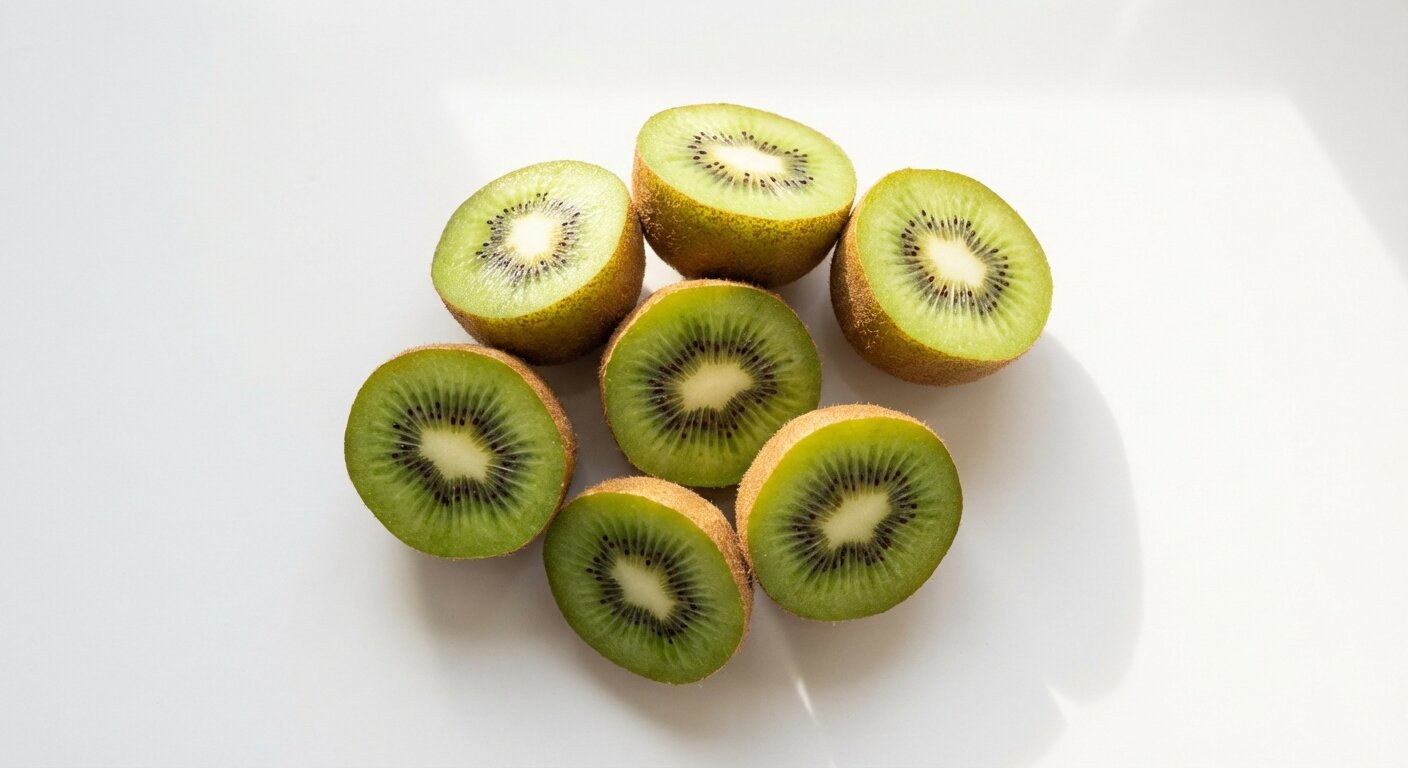 Fresh halved kiwi fruit showing bright green flesh and black seeds on a white surface with natural lighting