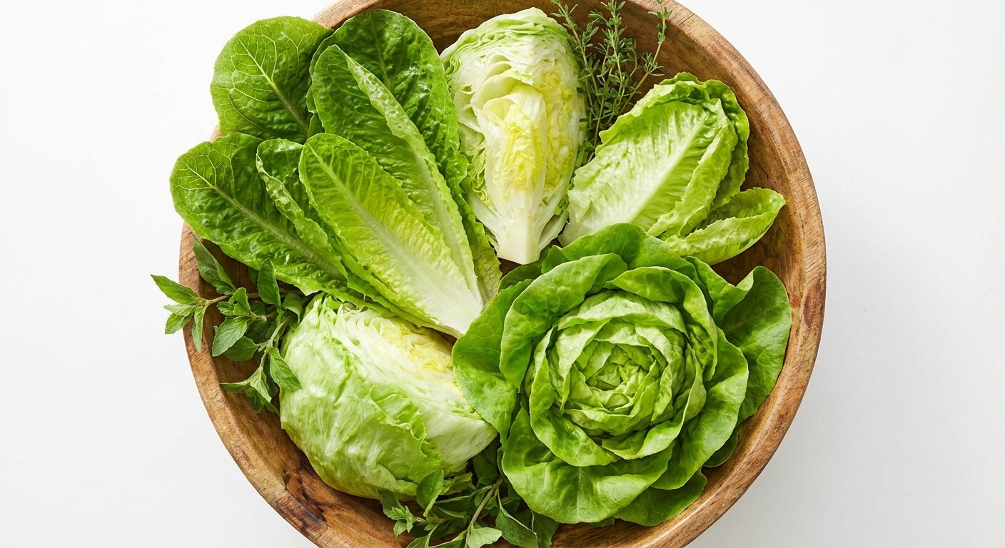 Fresh crisp lettuce leaves in a wooden bowl showing various types of lettuce - romaine, iceberg, and butterhead varieties