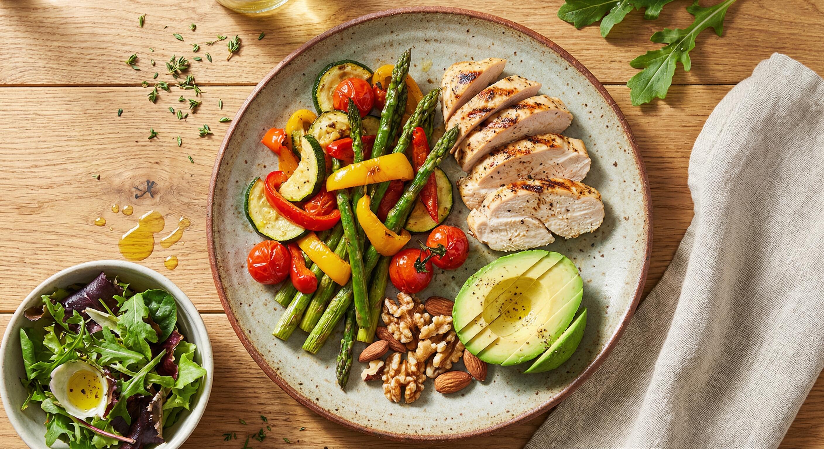 A colorful, healthy low-carb meal with lean protein, vegetables, and healthy fats, representing a non-keto approach.