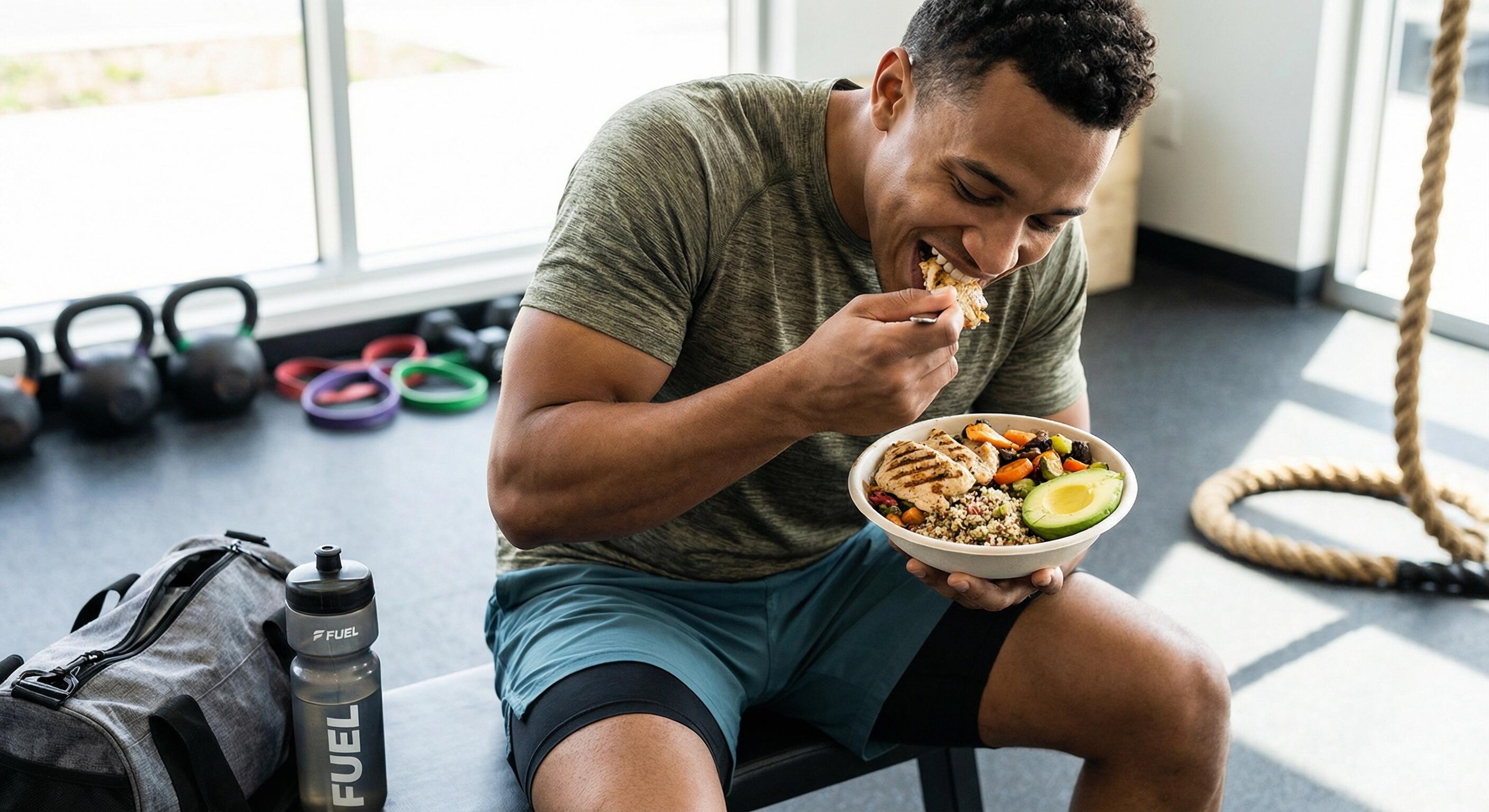 An athlete consuming a performance-focused meal with balanced macros for fuel and recovery.