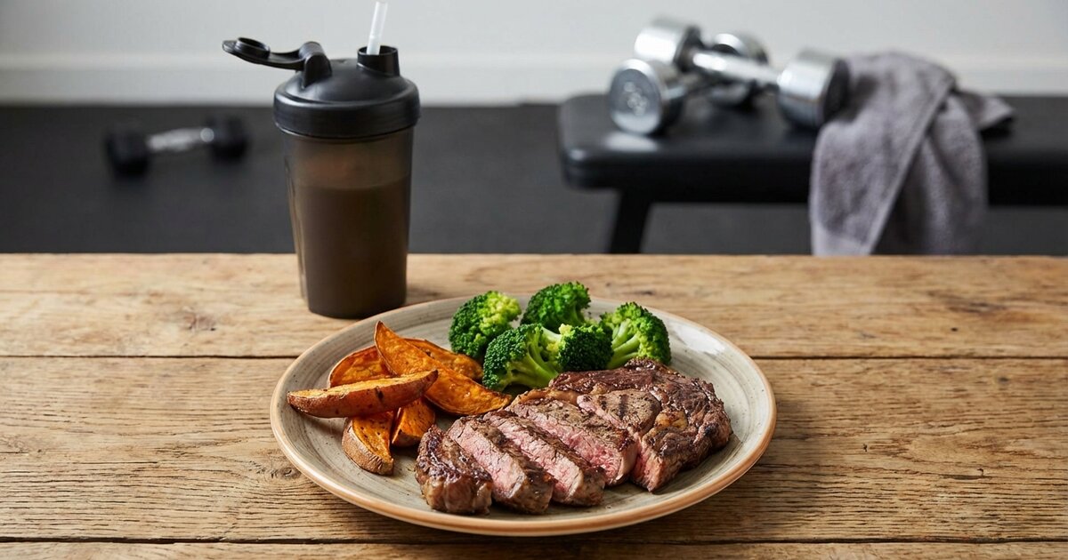 High protein bulking meal with steak and protein shake - muscle gain macro guide