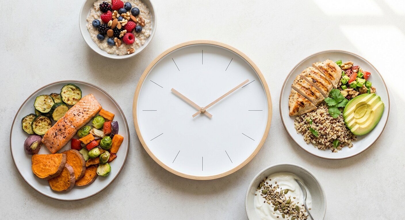 Clock showing different meal times with balanced macro-friendly meals representing nutrient timing strategies