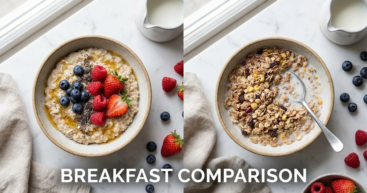 Bowl of oatmeal and bowl of cereal side by side macro comparison for breakfast