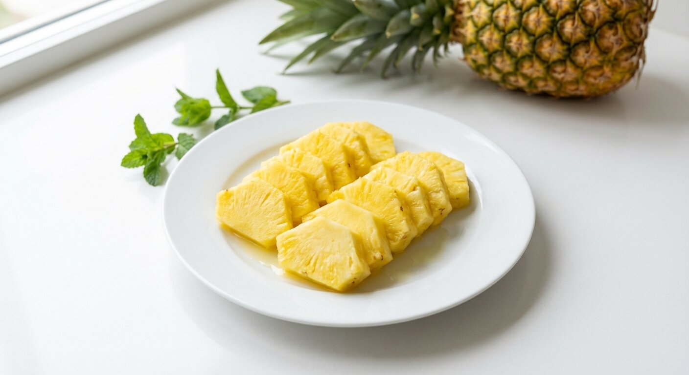 Fresh cut pineapple chunks on a white plate showing the bright yellow tropical fruit