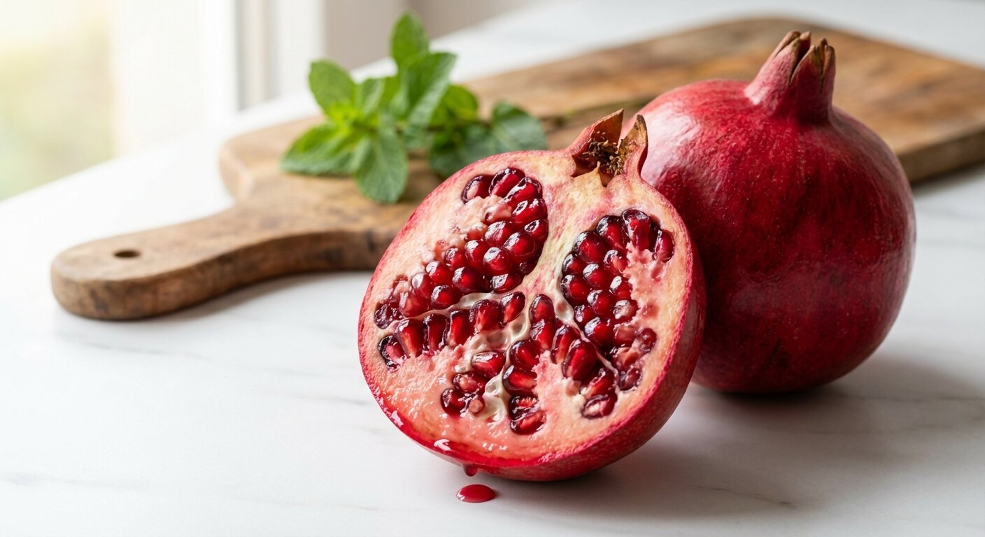 Fresh pomegranate cut open showing vibrant red arils with macro nutrition information