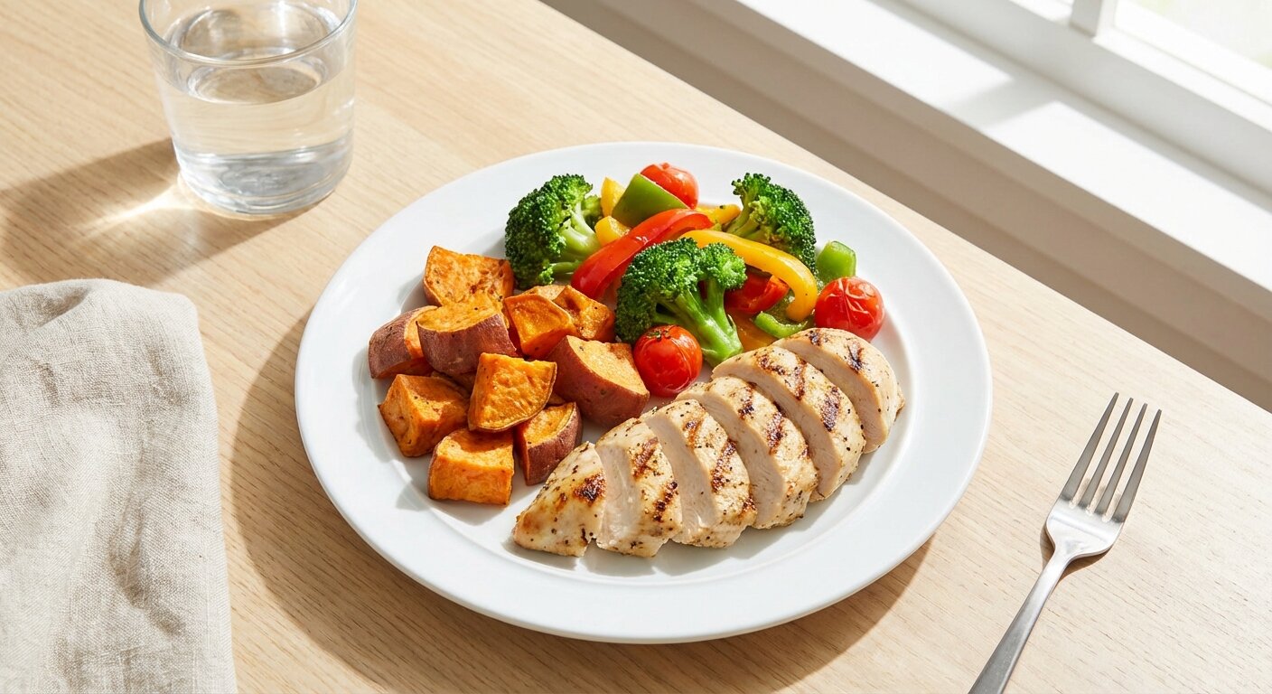 Nutritious post-workout meal with grilled chicken, sweet potato, and vegetables on a white plate