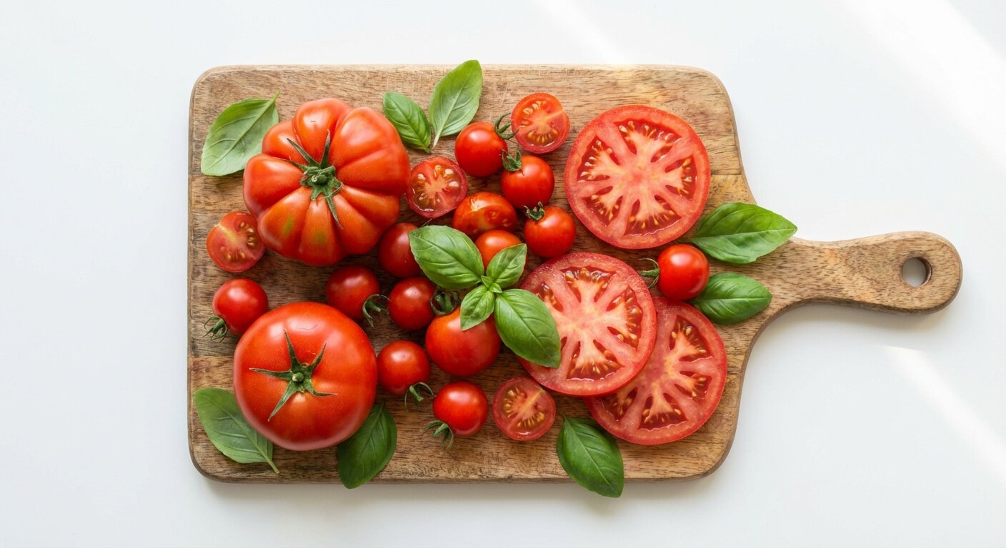 Fresh red tomatoes on a wooden cutting board with cherry tomatoes and sliced tomatoes showing vibrant colors