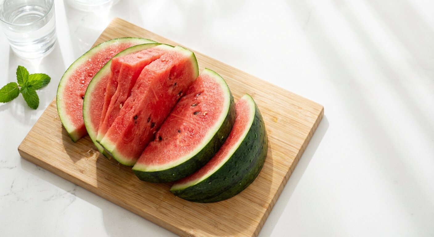 Fresh sliced watermelon on a wooden cutting board with water droplets, bright summer lighting
