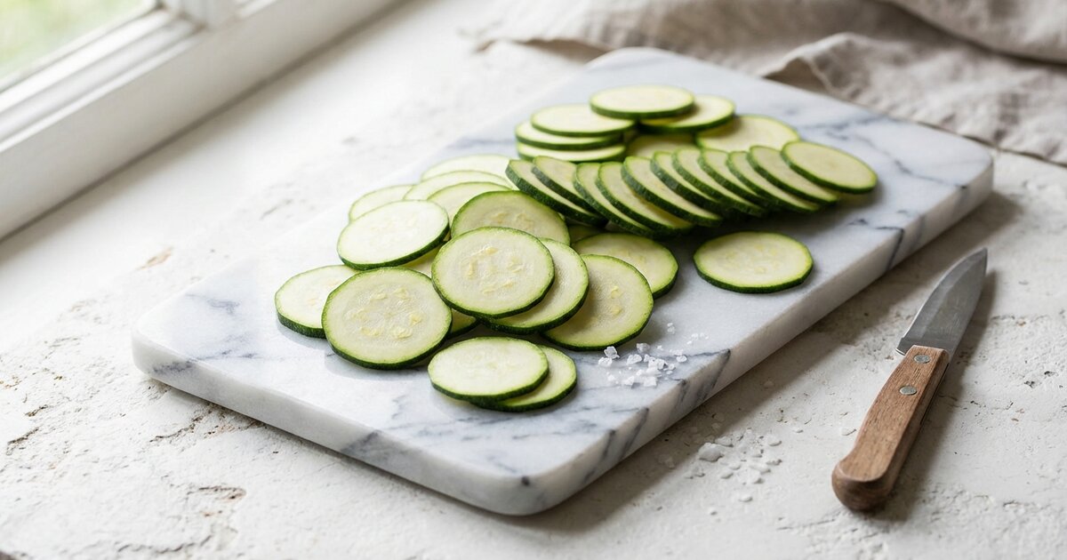 Sliced green zucchini on cutting board - 4g carbs, 1g protein, 0g fat per cup